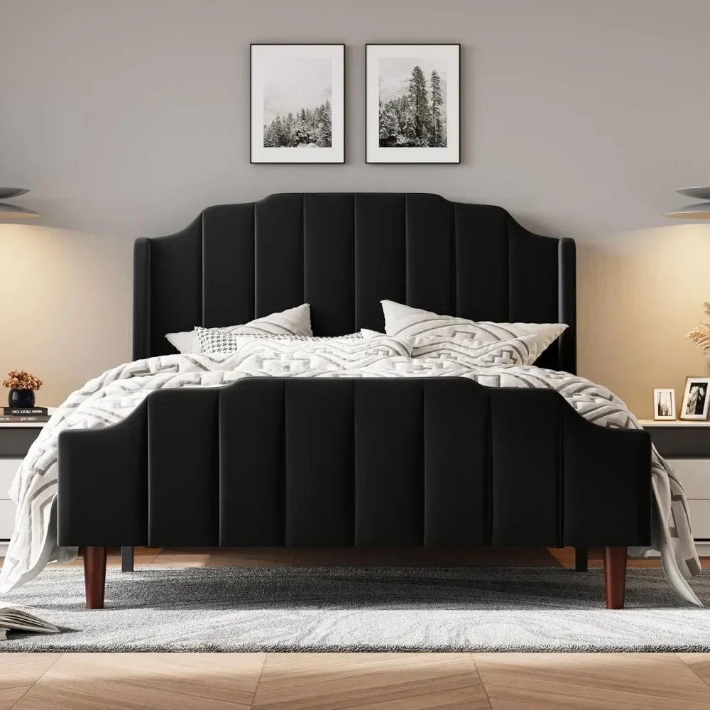 Queen Size Upholstered Velvet Bed Frame with Curved Vertical Wingback Headboard and Footboard,No Box Spring Needed,Easy Assembly 3