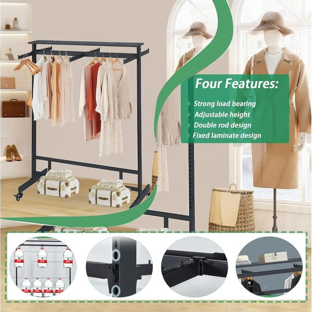 Adjustable 8-Arm Garment Rack with Rolling Wheels and Double Rod Display Shelf