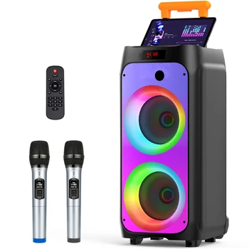 FanFun Large Bluetooth Speaker, Wireless Speaker with Wheels and Trolley Bar, Karaoke Machine with 2 Microphone, Karaoke Speaker 1