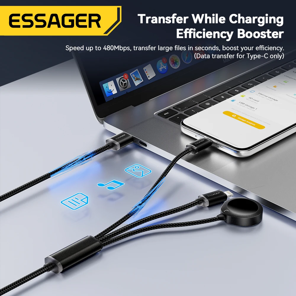 Essager 3 in 1 Multi USB A Charging Data Cable for iPhone 16 15 14 13 Pro Apple iWatch With USB Type C Lightning Charging Cable