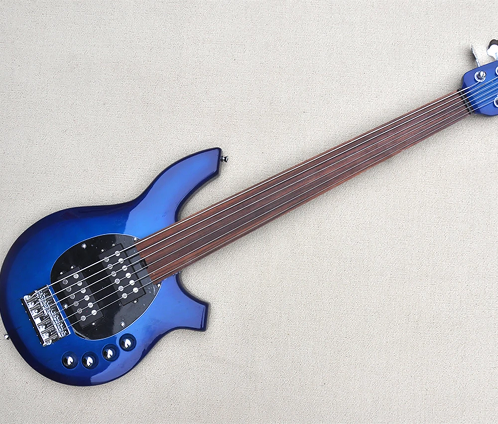 6 Strings Blue Fretless Electric Bass Guitar with Active Circuit,Rosewood Fretboard