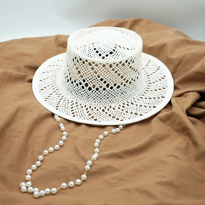 Handwoven White Panama Hat Women Summer Hat with Pearls Chain Hollow Out Summer Hat Vacation Beach Straw Hat Travel Boater Hat 2
