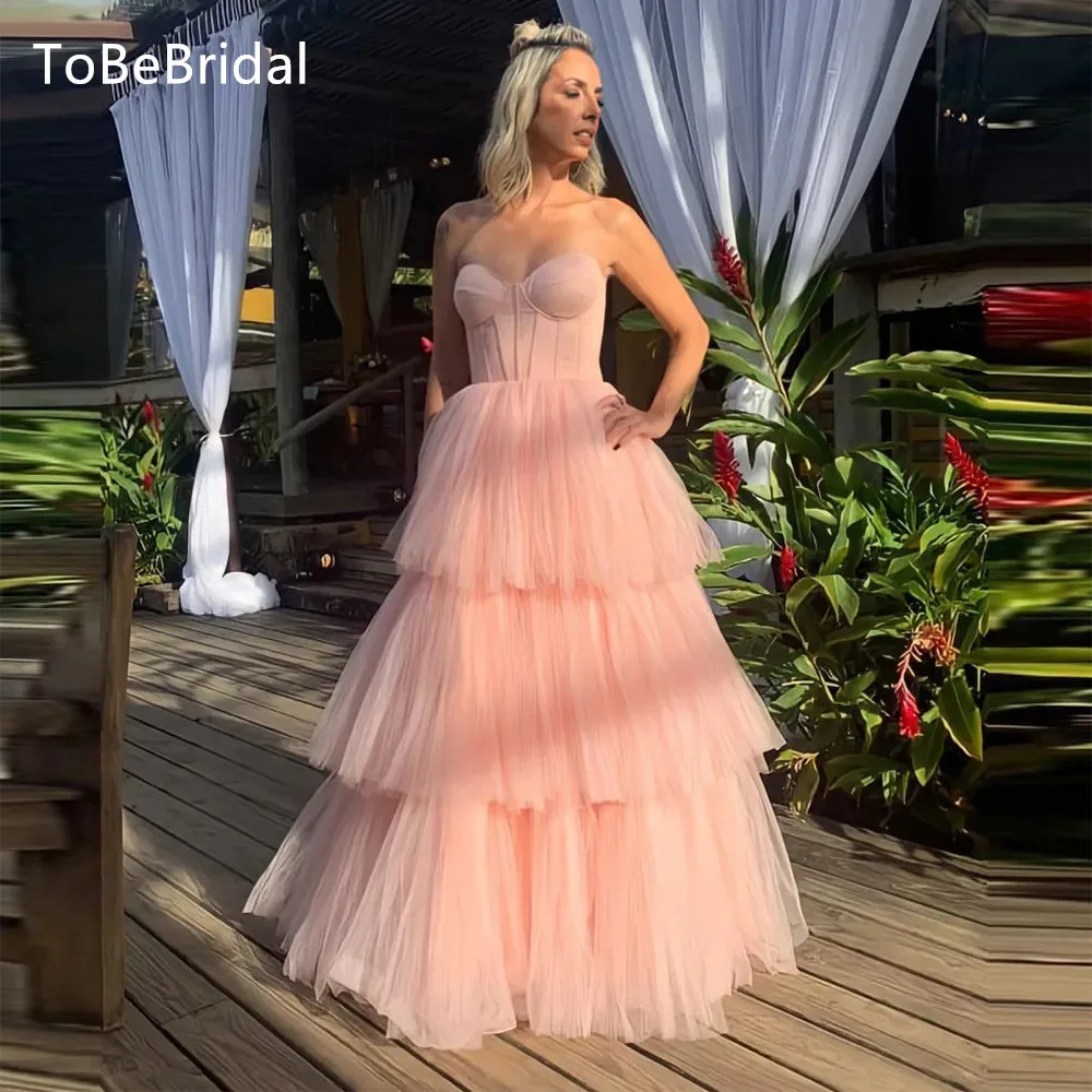 

New Light Pink Sweet Graduation Birthday Party Dress Strapless Layered Pleated Tulle A-Line Formal Prom Gown فساتين مناسبة رسمية