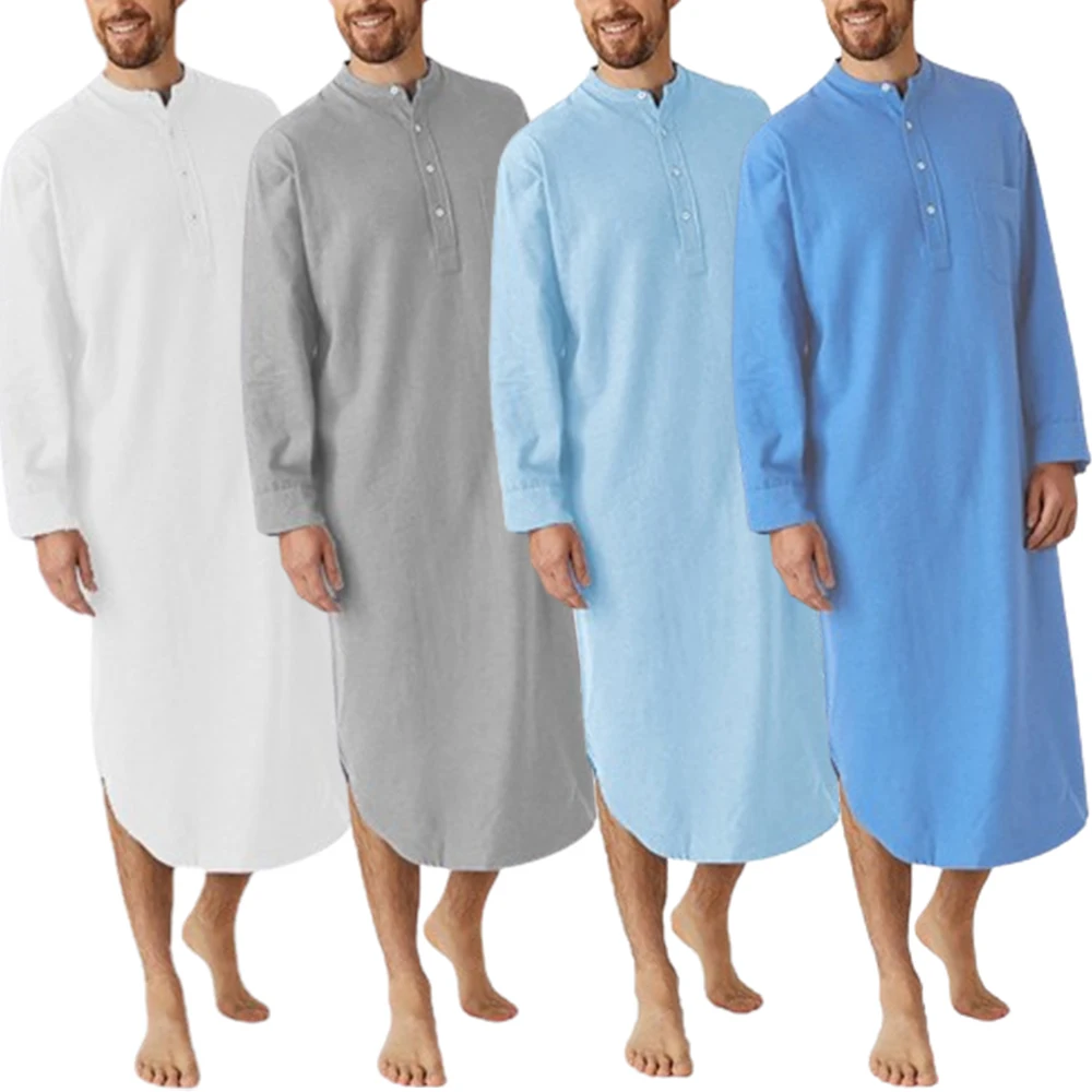 Men's Casual Long Nightgown Robe Solid Color Long Sleeve Night Dress Loose Long Shirt Bathrobe Kaftan Thobe with Pocket Homewear