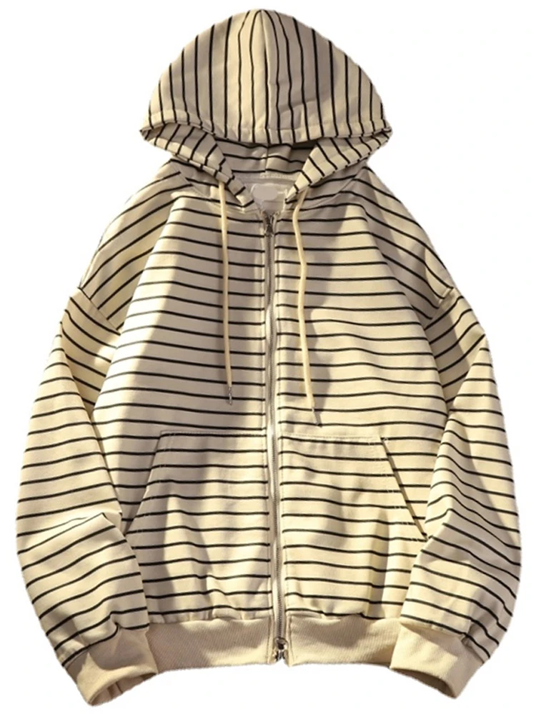 28363-a489c7.jpg Zip Up Women Korean Style Hoodies For Girls Top Vintage stripe Long Sleeve Oversized Hooded Sweatshirt Jacket Casual Large Coats - Image 1