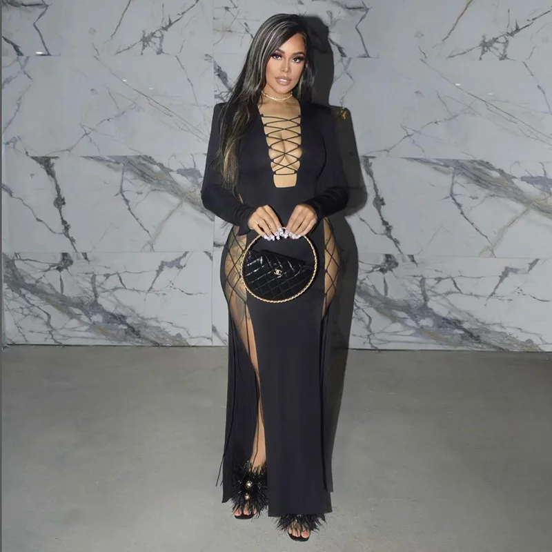 

2023 European and American women's autumn and winter sexy deep V-neck tie up black temperament nightclub slim fitting long dress