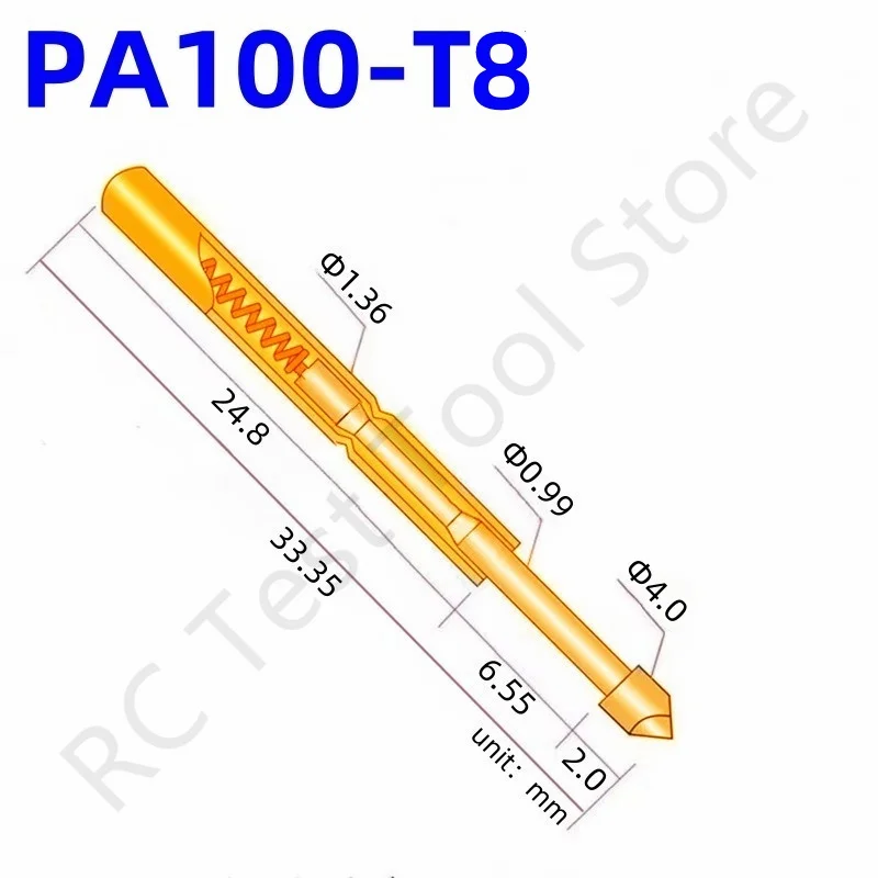 

100PCS PA100-T8 Spring Test Probe PA100-T Test Pin P100-T P100-T8 Test Tool 33.35mm 1.36mm Needle Gold Tip Dia 4.0mm Pogo Pin