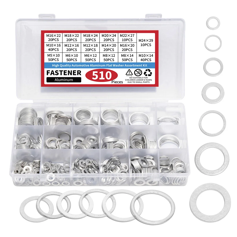 510pcs 와셔 자동차 미터법 오일 드레인 플러그 가스켓 세트 알루미늄 플랫 와셔 조합 키트 M6 M8 M10 M12 M16 M18 M20 M24