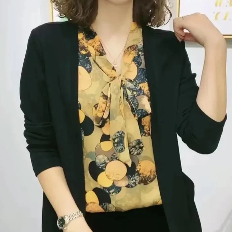 Autumn Elegant Fashion Commuter Office Lady Chic Shirt Women Contrasting Color Patchwork Drawstring V Neck Fake Two Pieces Top