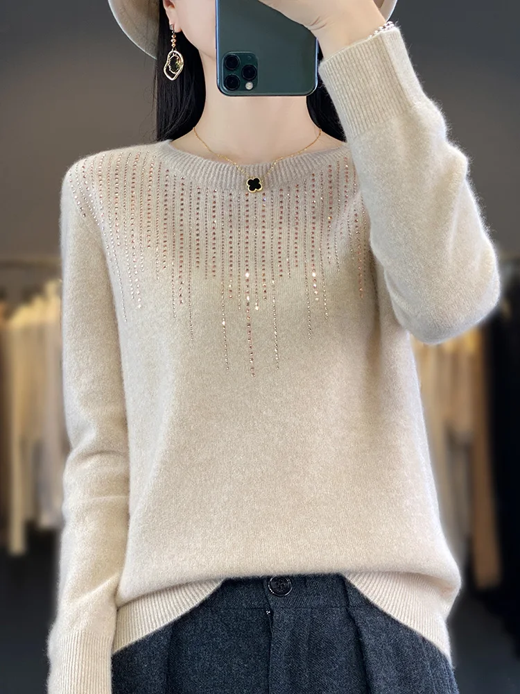 Women's Pullover Sweater 2024 Autumn/Winter Pure Wool Knitwear Loose Long sleeved Hot Diamond Fashion Warm Cashmere Top Slim Fit