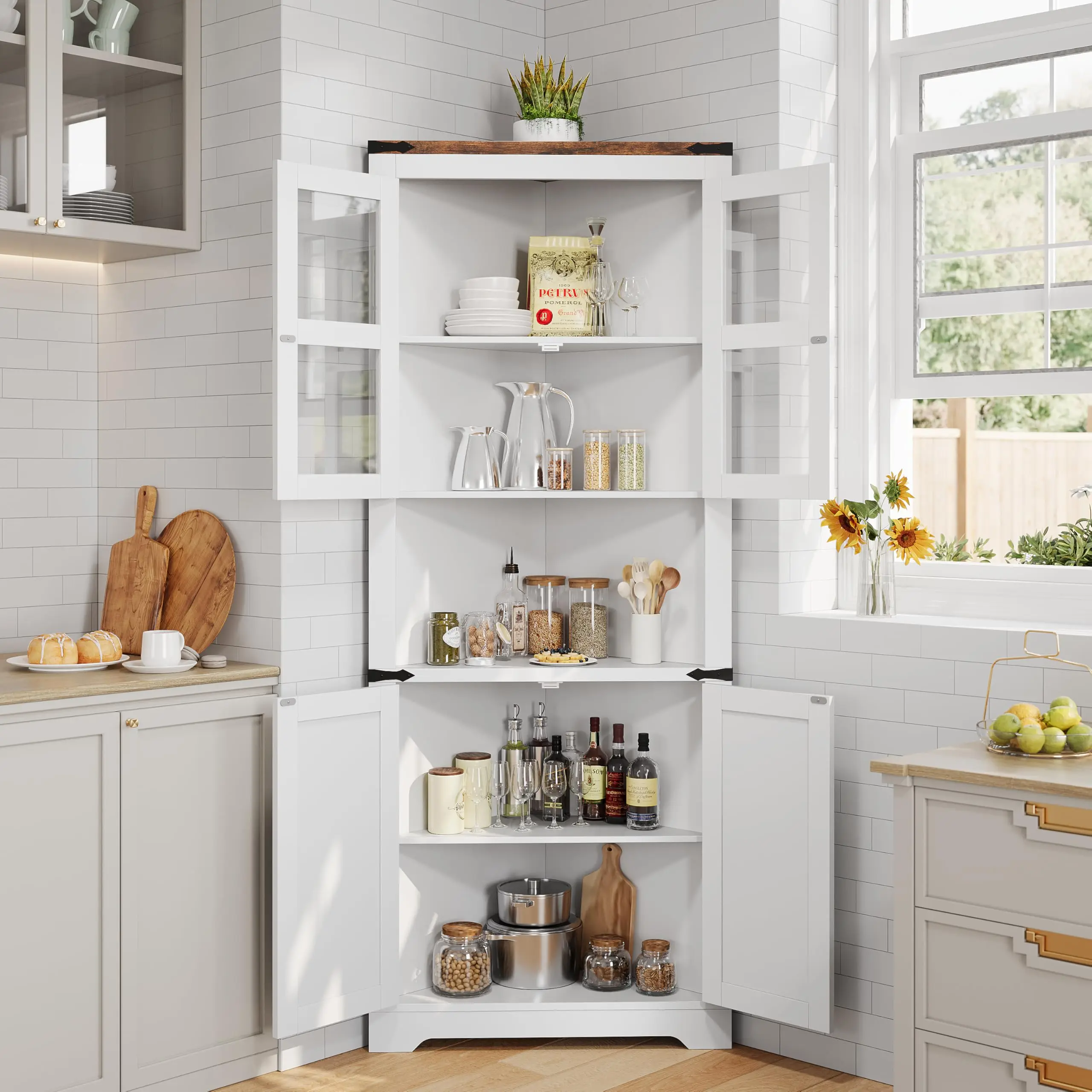 Armoire d'angle de ferme, armoire de rangement d'angle haute avec porte en verre et étagères réglables, armoire de salle de bain avec rangement pour Li