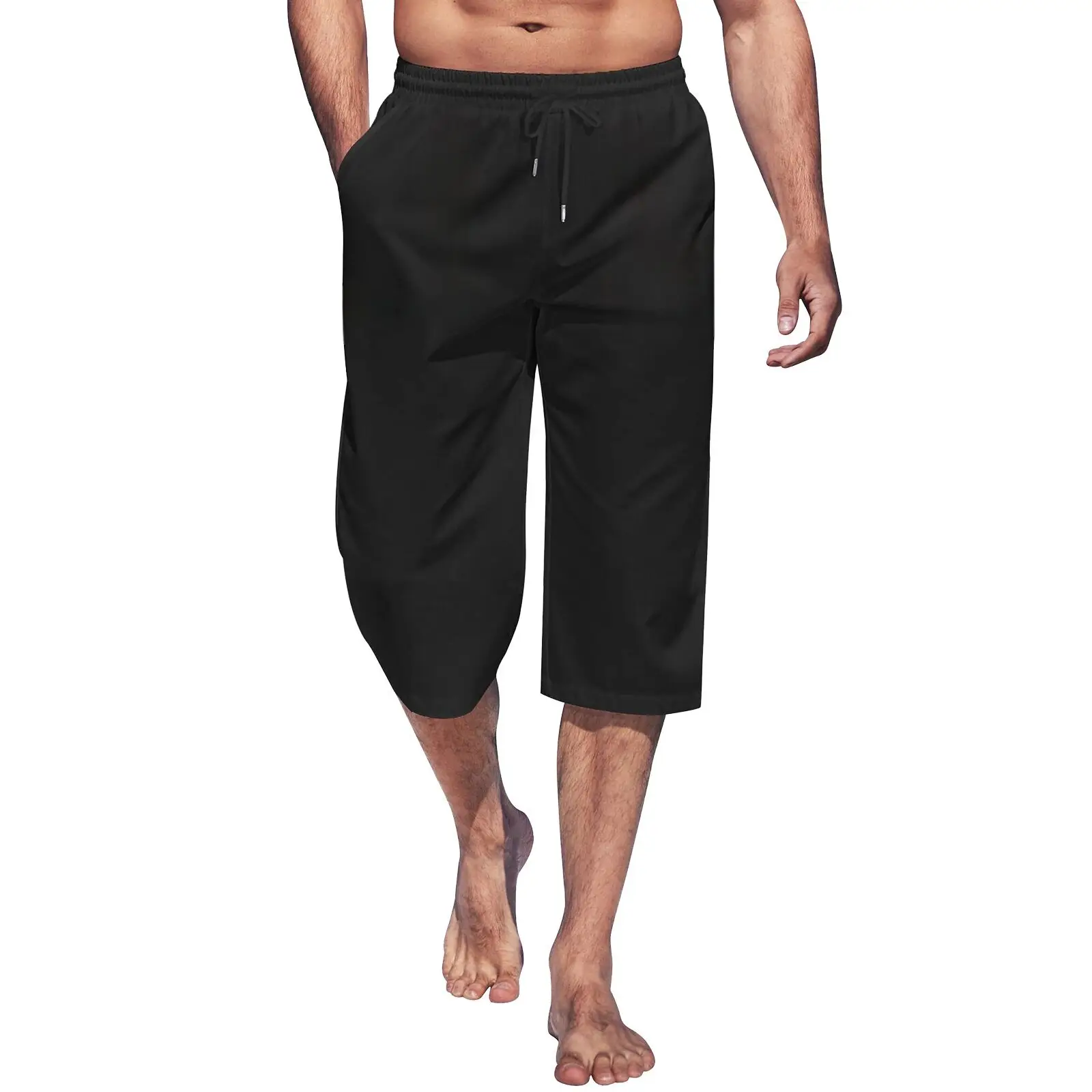 Cross border hot selling men's capris casual lightweight capris drawstring elastic waist beach yoga belt pocket 3