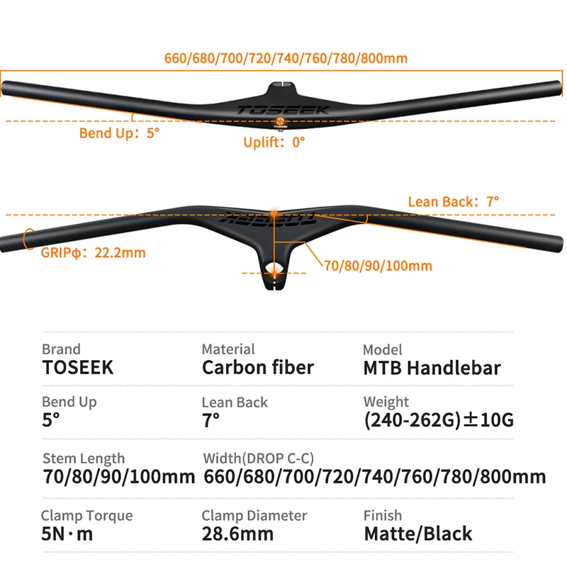 TOSEEK Mtb Handlebar and Stem -17Degree Carbon Integrated Handlebar For Mountain Bike stem 80/70/80/90/100mm Bicycle Parts