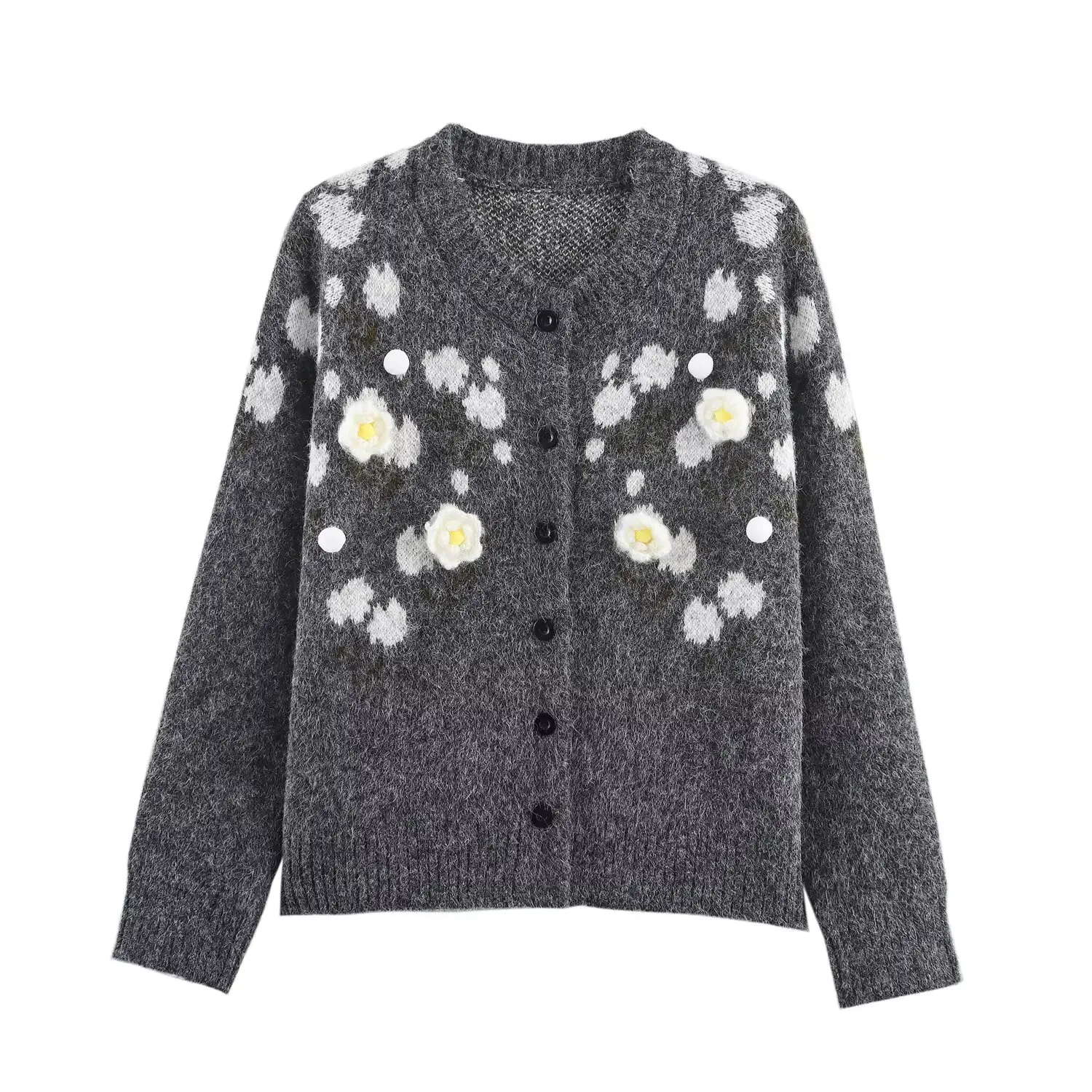 Women Korean-Style Floral Soft Knitted Cardigan Autumn Winter Daily Commute Slimming Knitted Coat Elegant Short Sweater Jacket