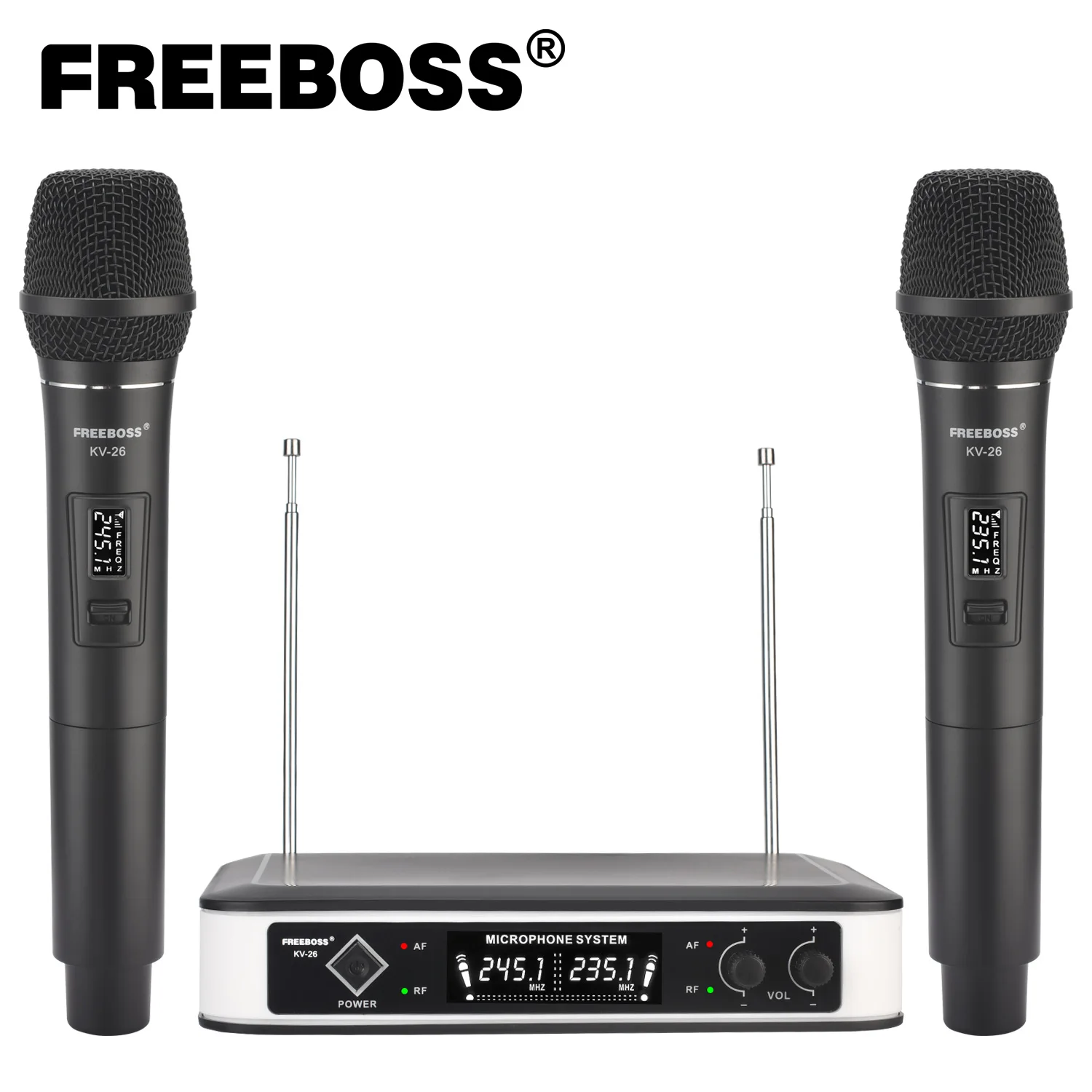 

FREEBOSS Dual Channel Wireless Microphone 2 Handheld VHF Fixed Frequency Professional Mic System Dynamic for Karaoke KV-26