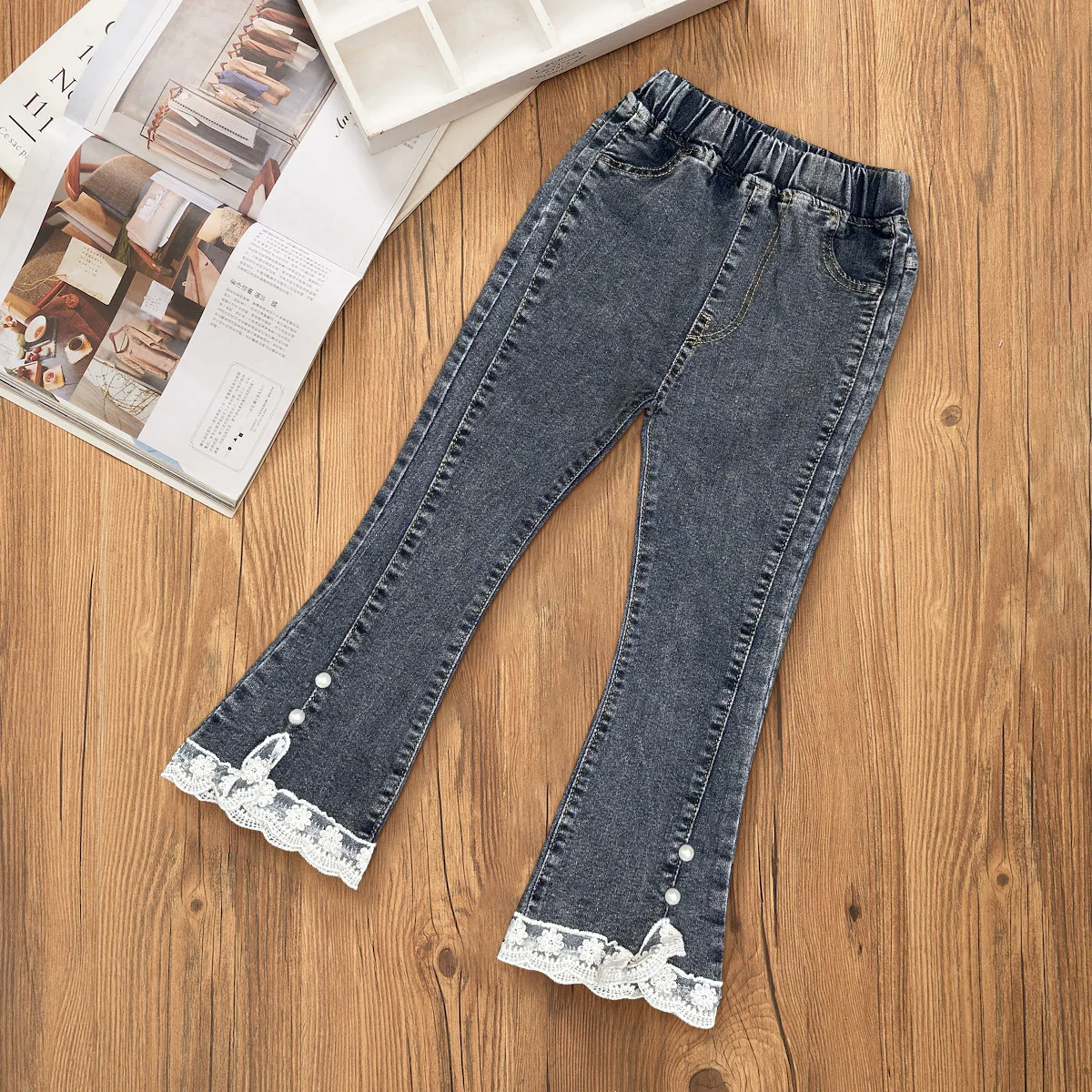 Denim Pants for 1-12 Years Girls Satin Lace Loose Wide-Legged Trousers Casual Flared Legs Britches Full Season Children's Wear
