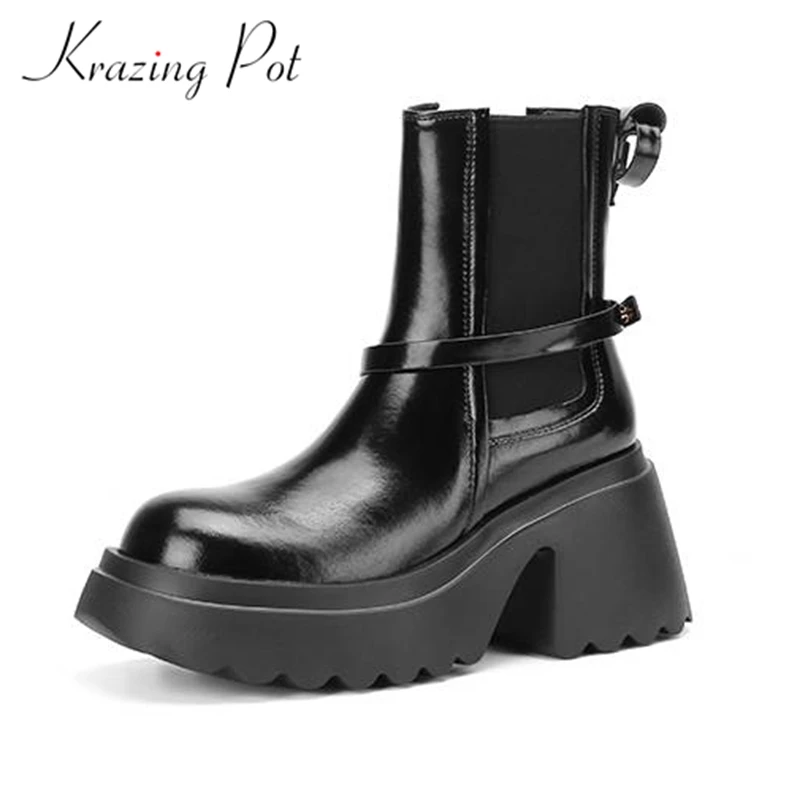 

Krazing Pot New Natural Cow Leather Round Toe Platform Boots Super High Heel Street Wear Keep Warm Modern Punk Girls Ankle Boots