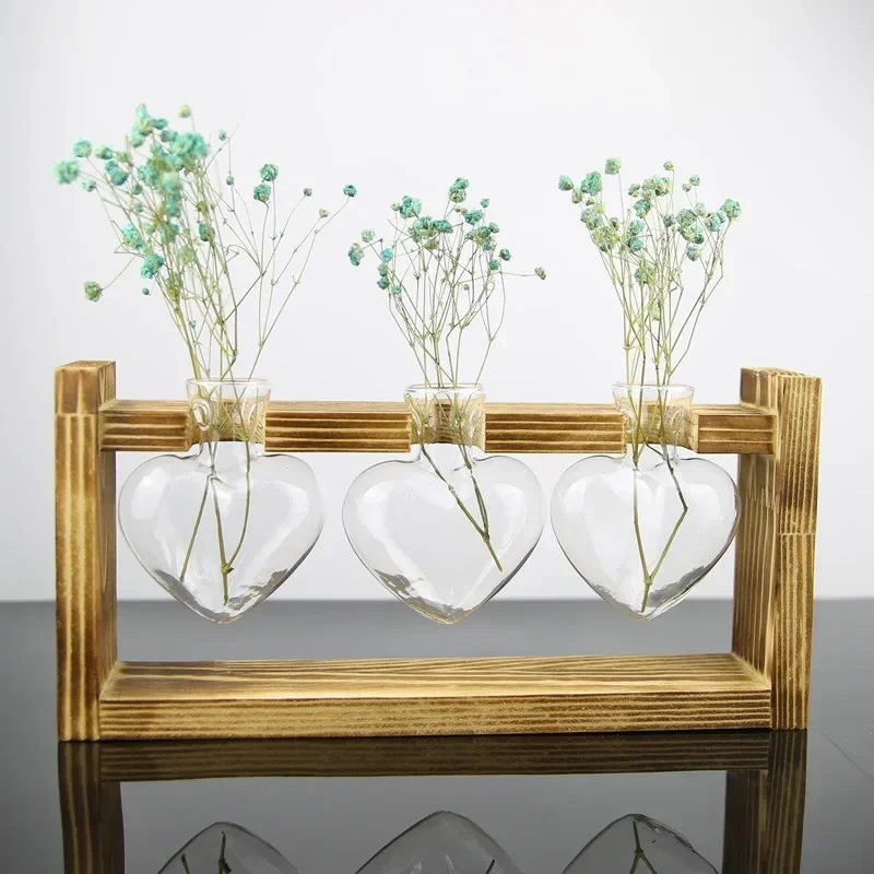 Wooden Frame Glass Vase Hydroponic Plant Vase Vintage Flower Pot Table Desktop Bonsai  Heart Shape Home Decoration Wedding Vase 5