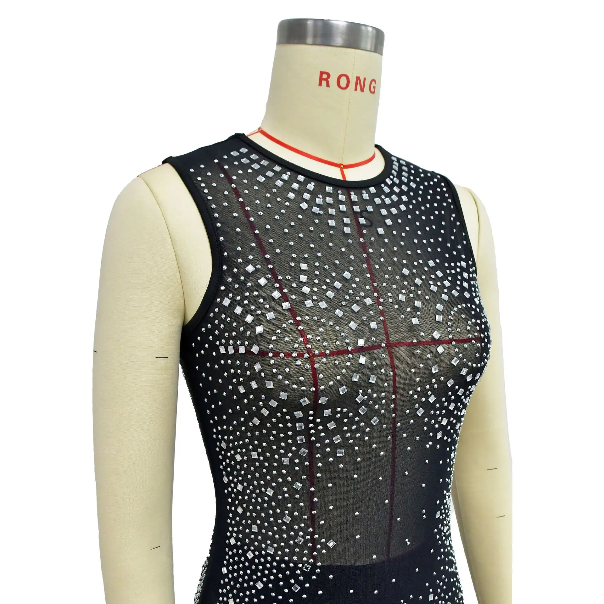 New Sexy Crystal Mesh Patchwork See Through Maxi Dress Women Sleeveless O Neck Bodycon Night Birthday Clubwear Party Dress