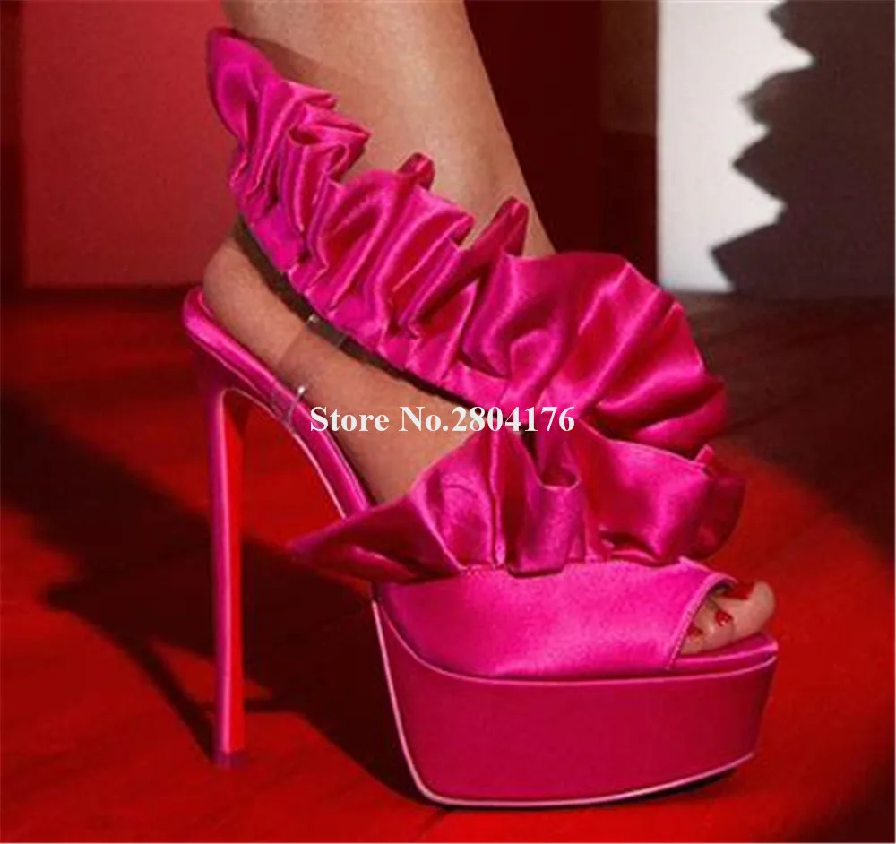 

Розовые, красные, черные, Синие атласные босоножки на шпильке с оборками, пикантные сандалии с открытым носком и ремешком из ПВХ, классические туфли на высокой платформе и тонком каблуке