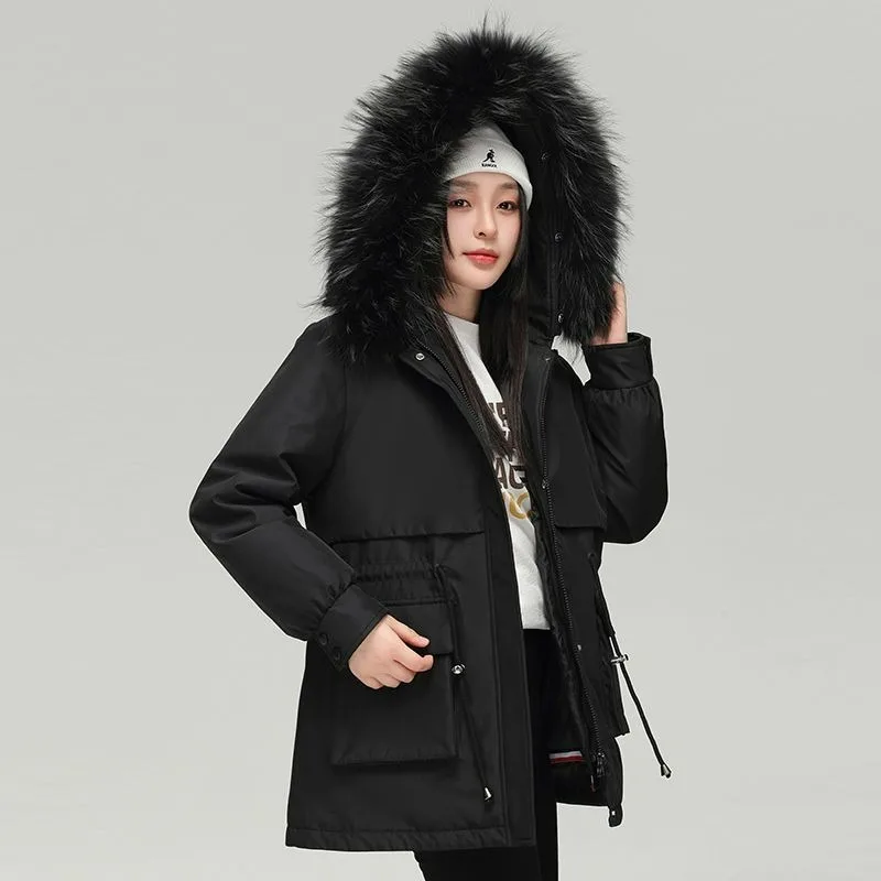 2023 New Women Down Jacket Winter Coat Female Mid Length Version Parkas Thick Warm Outwear Hooded Artificial Fur Collar Overcoat