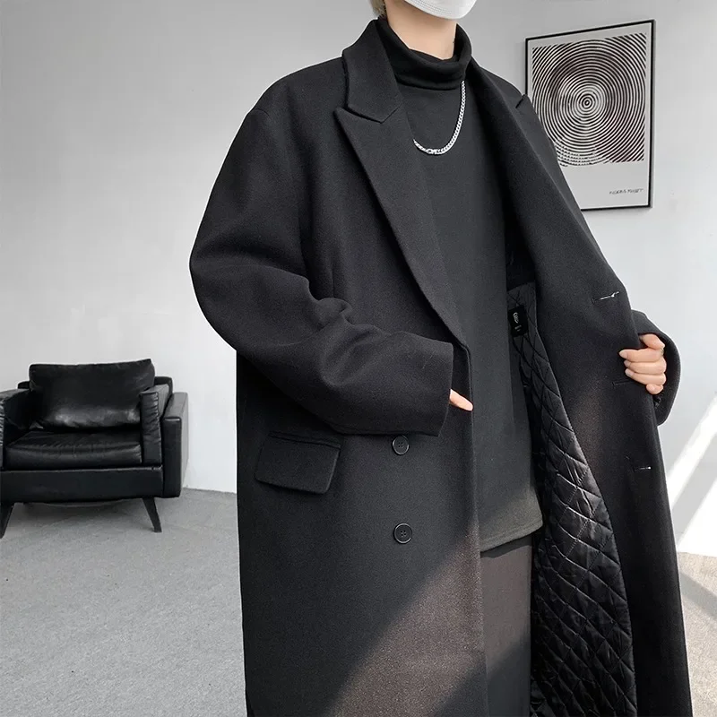Autumn and Winter Woolen Trench Coat Over The Knee Men Loose
