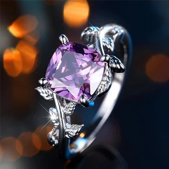 Trendy Crystal Purple Zircon Stone Vintage Silver Color Wedding Bands Tree Leaf Rings For Women Men Minimalist Jewelry
