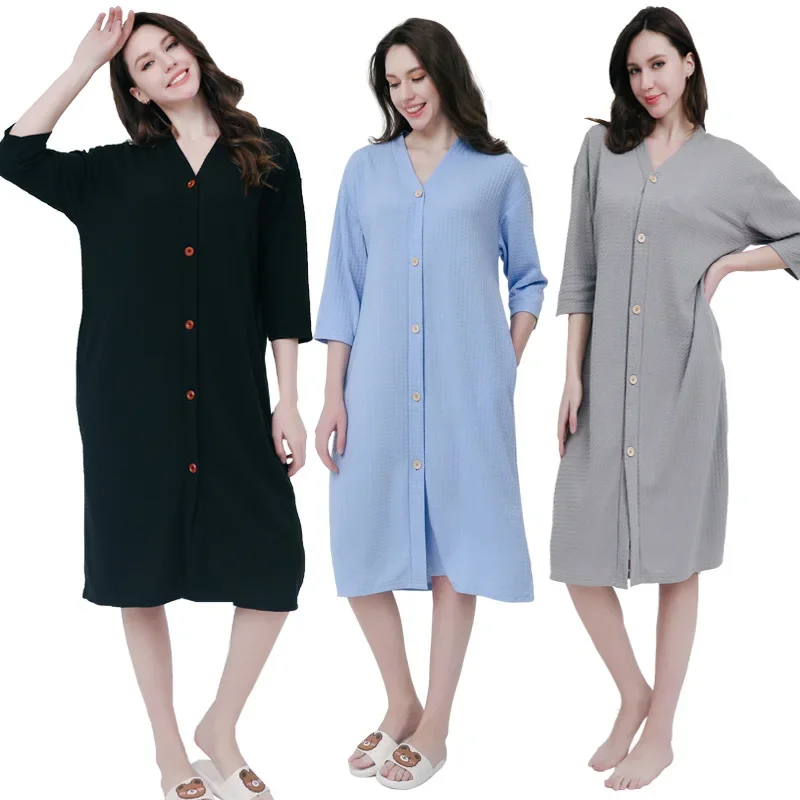 Women's Waffle Cardigan Bathrobe Absorbs Water Long Style Solid Color V-neck Pijama Mujer Multi Colors Couples' Bath Robes