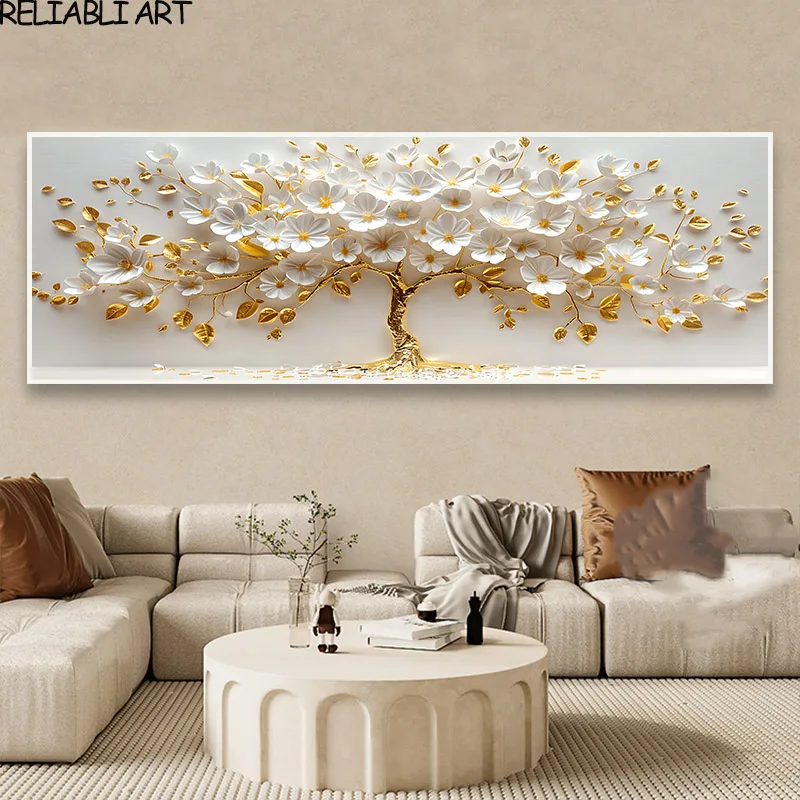 thumbnail image 1 of Póster e impresiones de flores blancas en 3D con árbol dorado de lujo claro, pintura en lienzo, arte de pared para decoración del hogar y sala de estar, sin marco, 1 of 4