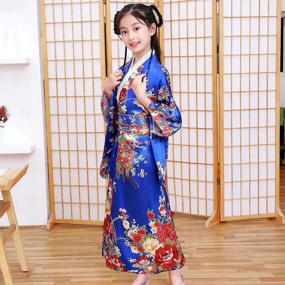 Japan Kimono Traditional Yukata Kids Girls Novelty National Dress Satin Luxury Oriental Bath Robe with Obi Performance Costume