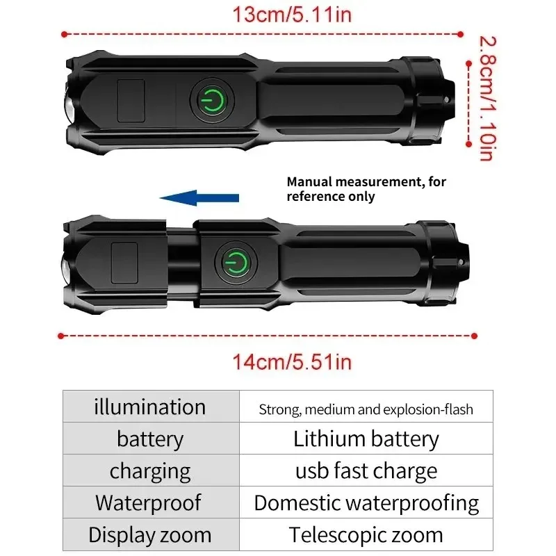 방수 줌 낚시 사냥 캠핑 전술 손전등 강력 LED 손전등 충전식 USB 내장 리튬 배터리