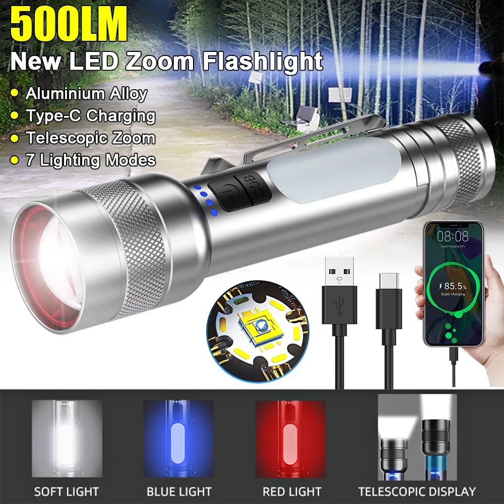 

P50 Flashlight 3 Light Source Lighting White Red Blue Telescopic Zoom Torch IPX4 Rechargeable Outdoor Searchlight with USB Cable