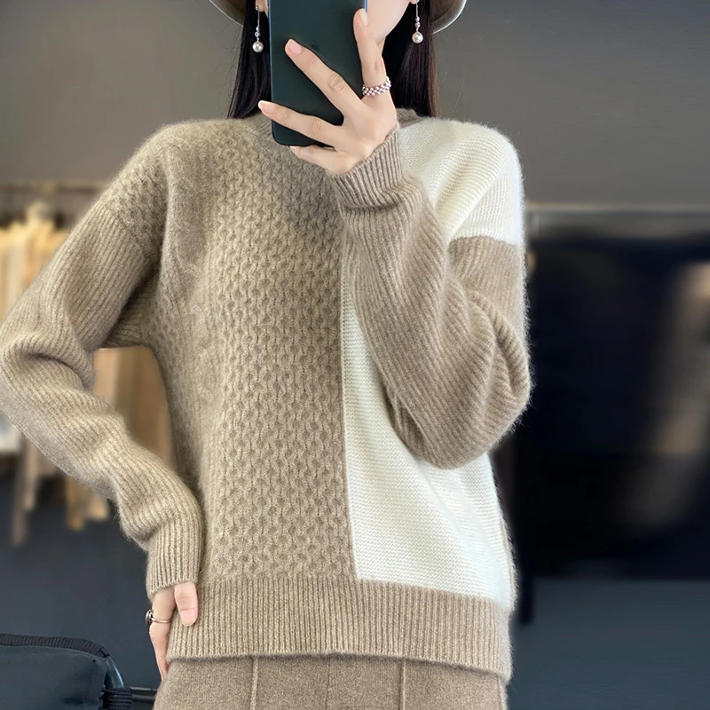 

23 Autumn/Winter New 100% Pure Woolen Sweater Women's Round Neck Long Sleeve Color Block Sweater Knitted Loose Wool Pullover