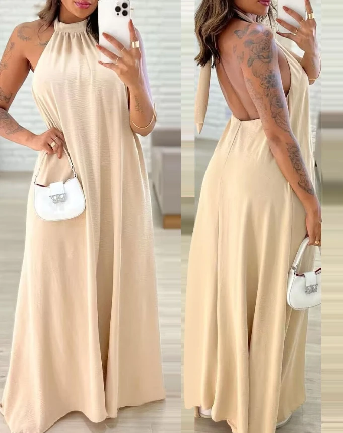 

Women's Elegant Straight Long Dress Temperament Summer Solid Tie Details Halter Backless Ruched Sleeveless Casual Loose Dresses