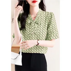2024 Summer New Women's Printed Scarf Collar Bow Pullovers Fashion Elegant Versatile Commuter Slim Half Sleeve Chiffon Tops