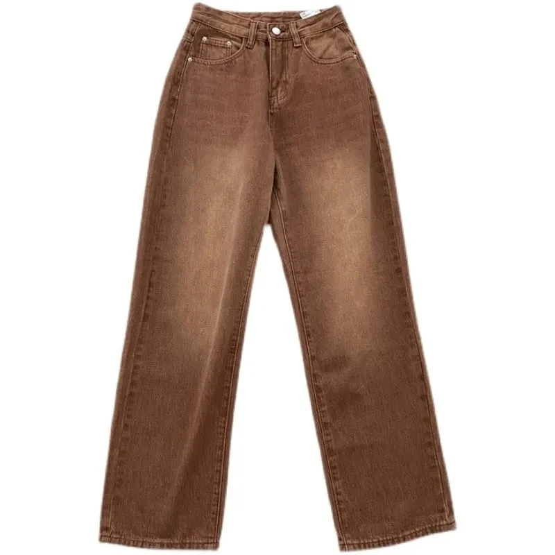 

New High Waist Jeans Women ’s Washed Vintage Straight Pants Brown Blue Bleached Loose Slim Streetwear Casual Denim Trousers