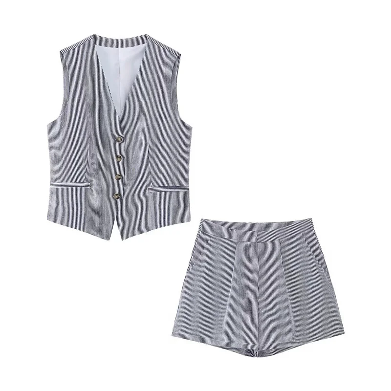

Woman Casual Blue Striped Blazer Tank Suit 2023 Spring Female High Waisted Shorts Suits Ladies Vintage Straight Tanks Sets