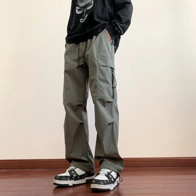 

Men's Solid Elastic Pockets Drawstring Zipper High Waist Casual Sports Loose Work Vintage Vacation Trousers Spring Autumn Pants
