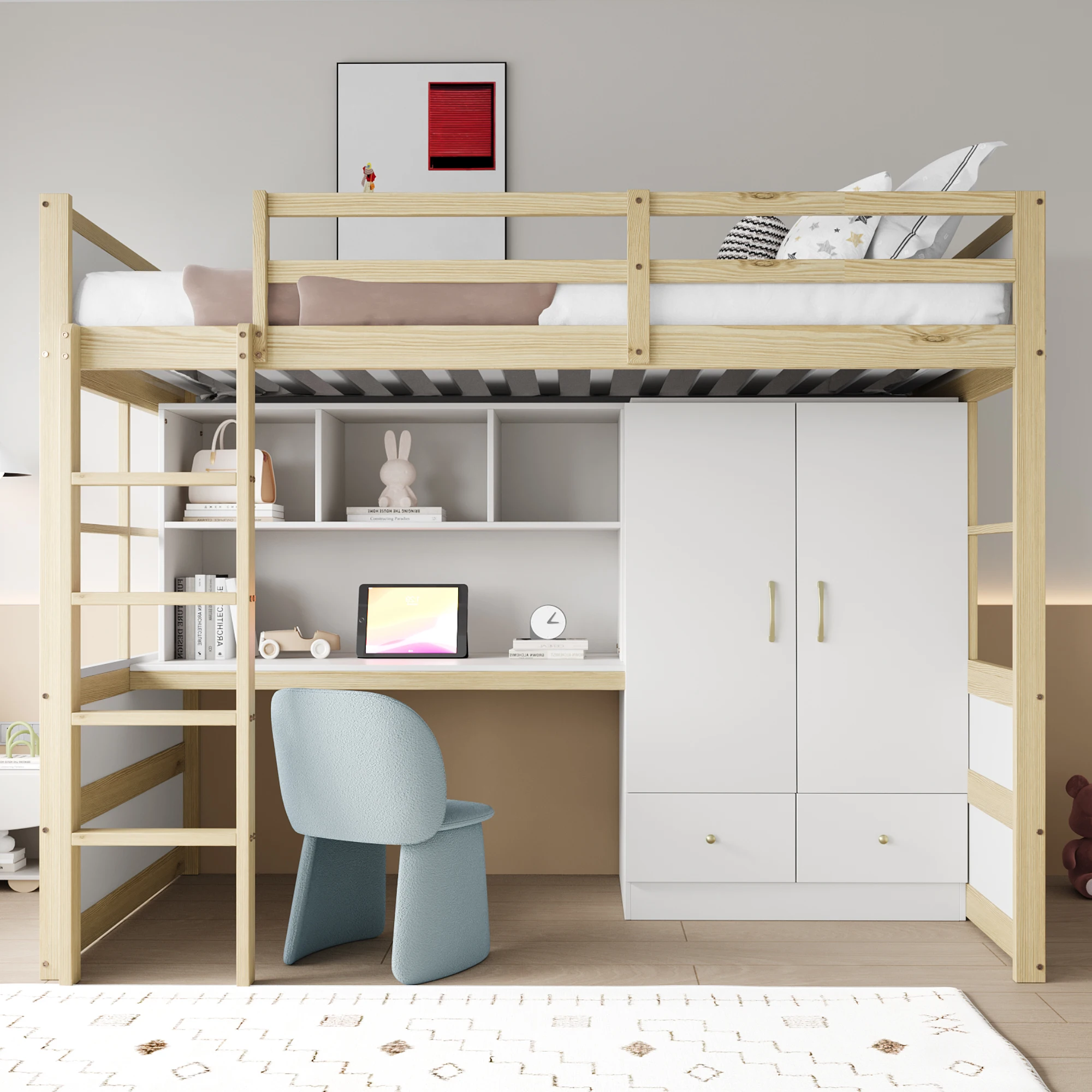 KOMHTOM Hochbett 90x200 cm Einzelbett mit Leiter Schreibtisch mit Stauraum Kleiderschrank und Schubladen – Detail 2