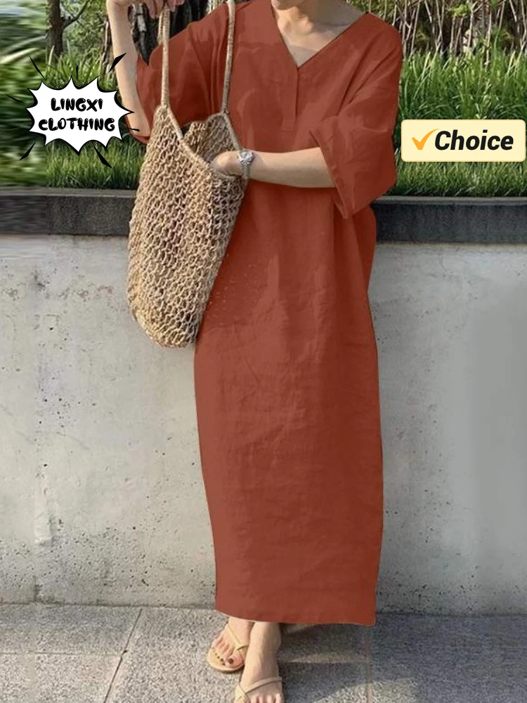 

Summer New Cotton and Linen Women's Long Dress Elegant Retro Vacation Style Beach Short Sleeved Loose V-neck Solid Color Dress