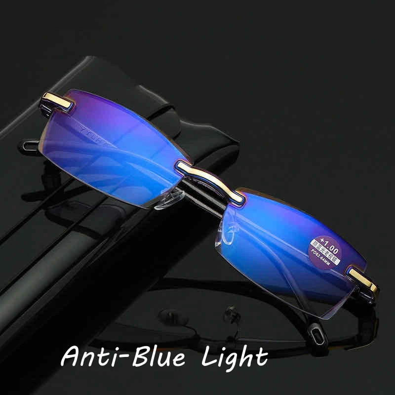 Dioptrien Lesebrille Randlose Brillen Trendy Männer Frauen Anti Blau Licht Brillen Ruhen Linsen Computer Gläser