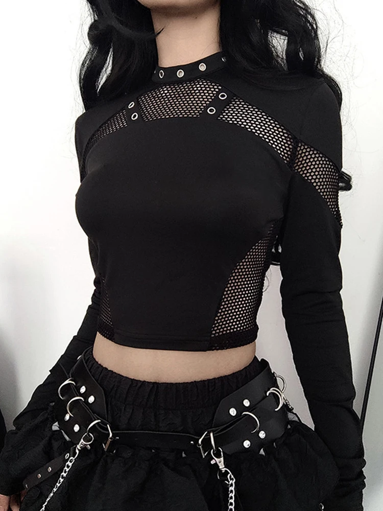 AltGoth Dark Punk Cyber T-shirt Women Gothic Streetwear Mesh Patchwork Long Sleeve O-neck Crop Tee Tops Harajuku Sexy Clothes 3