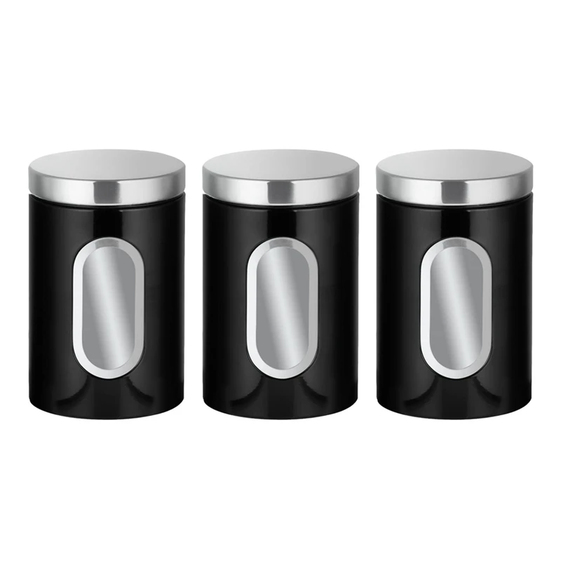 

3 PCS Kitchen Canister Set With Secure Lids&Viewing Window Black Suitable For Sugar, Tea, Coffee, Etc -Multi Food Storage Jars
