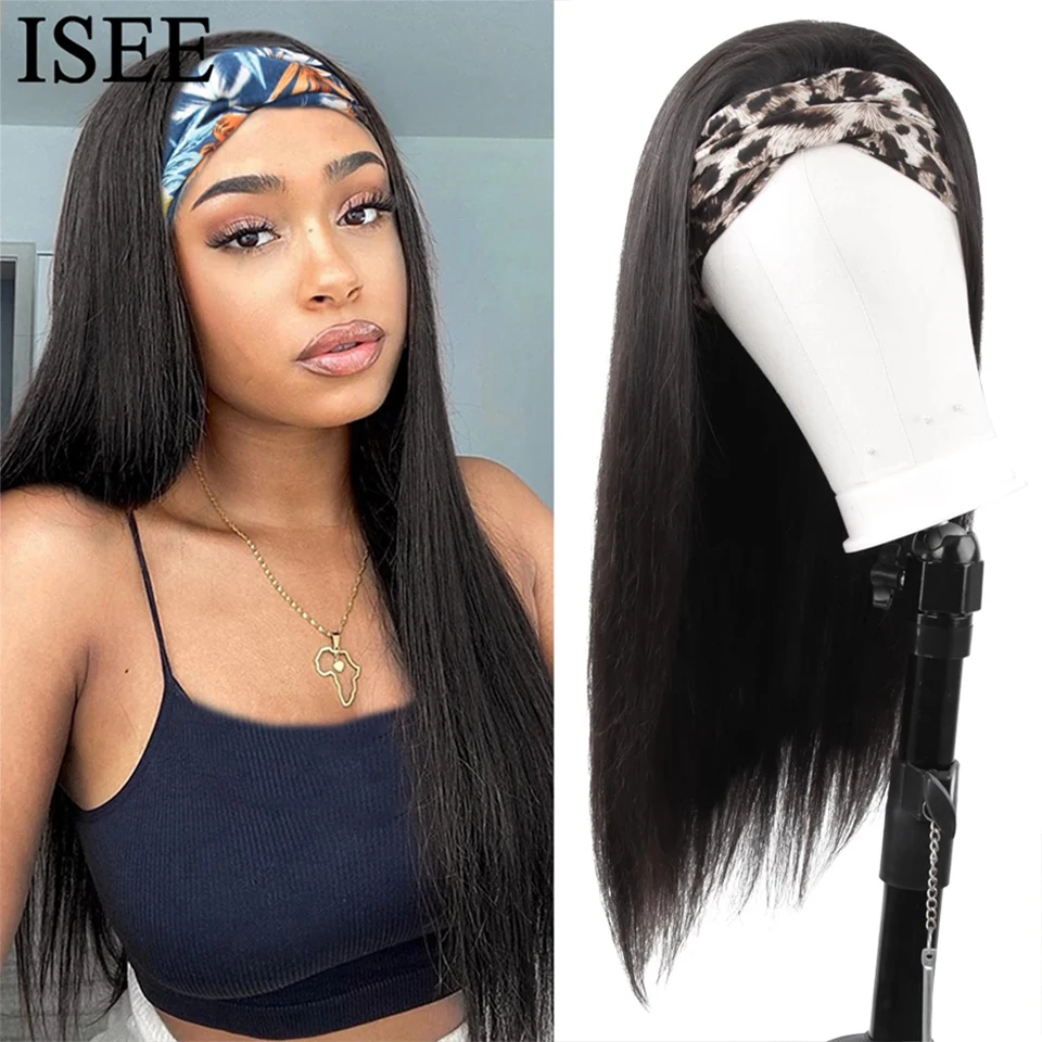 Straight Women's Headband Wig Malaysian Human Hair Wig Straight No Lace Scarf  Wigs Glueless Natural ISEE HAIR Wig For Female