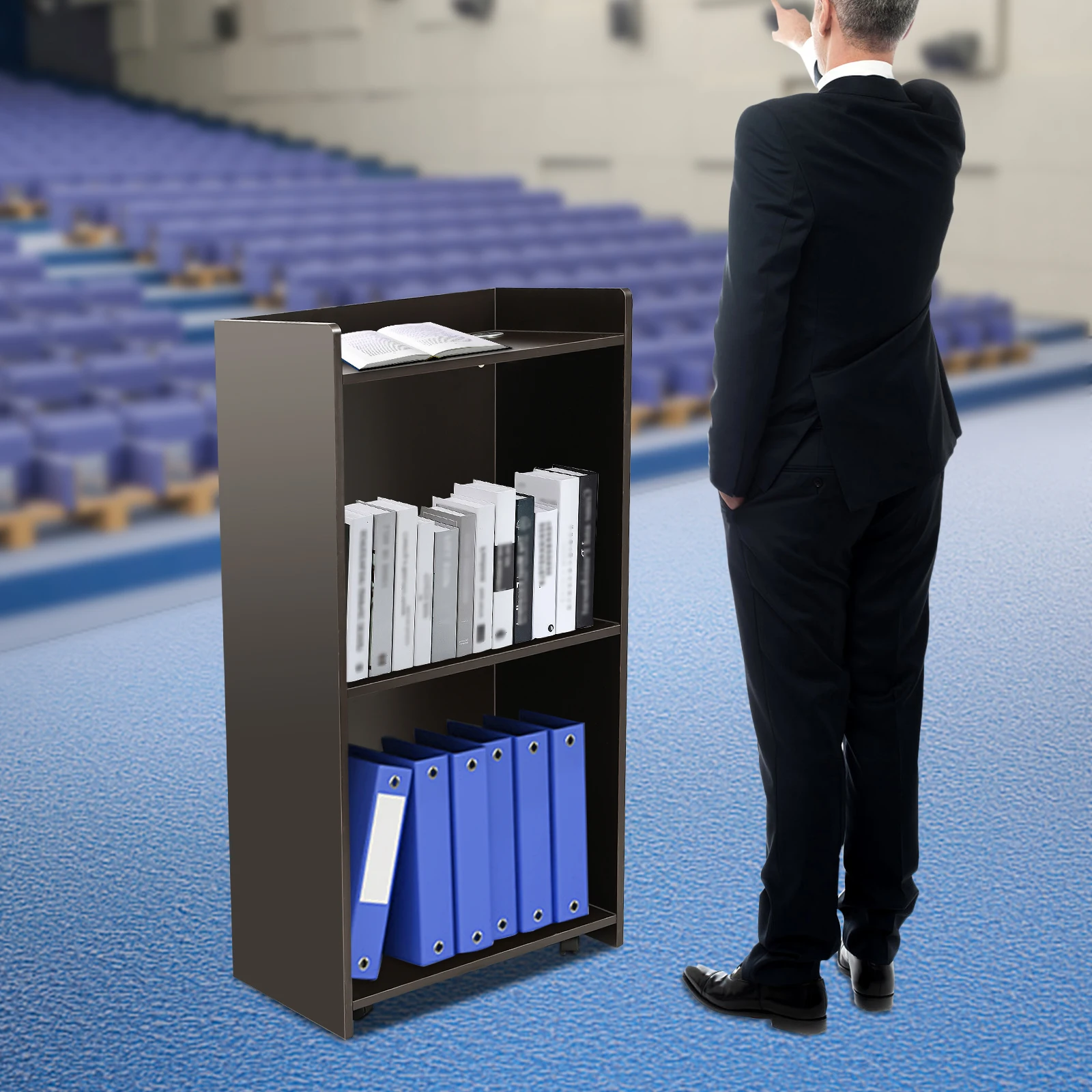 Wood Portable Podium Stand Reception Desk Lectern with Mobile Wheels Storage Shelf 22.6 * 14.5 * 41.3" Churches Podium
