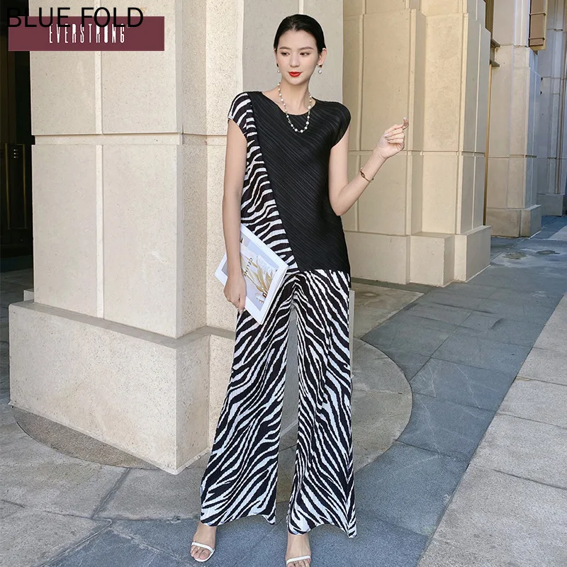 

Miyake Pleated Casual Flared Pants Suit European and American Stitching Asymmetric Print Zebra Pattern Fashion Summer New Style
