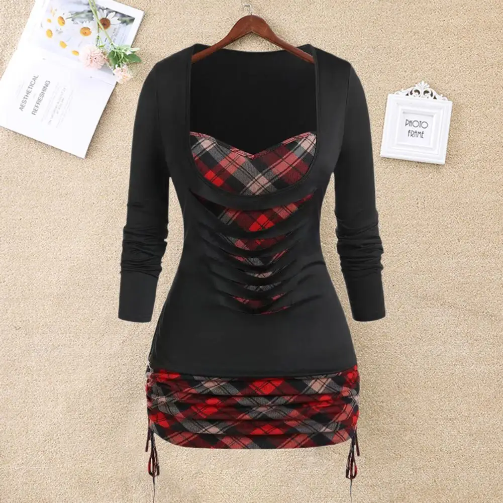 

Женская драпированная блузка с низким воротником и длинным рукавом, в клетку