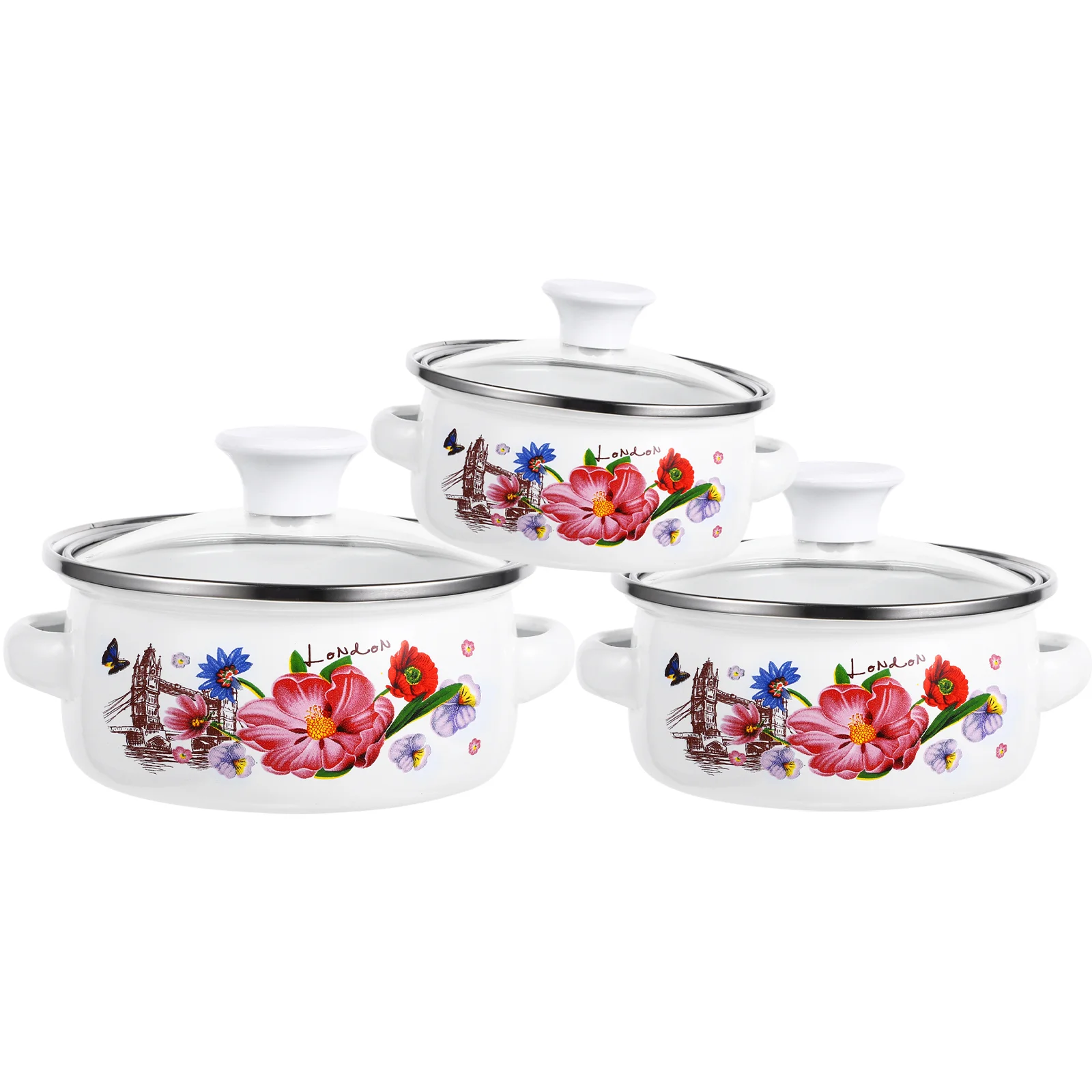 

Kitchen Enamel Stockpot Lid 3Pcs Retro Flower Stew Bean Cooking Pot Vintage Soup Pot Handles Nonstick Simmer Pot