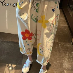 Cartoon Graffiti Korean Fashion Casual Loose Pants Women Elastic High Waist Flower Print Thin Trousers Summer Street Harem Pants
