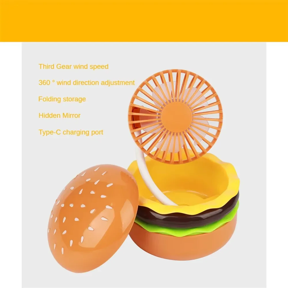 Mini Portable Handheld Fan Type-C Wireless Charging Small Fan Low Noise Cartoon Hamburger Desktop Fan With Hand Mirror! 6
